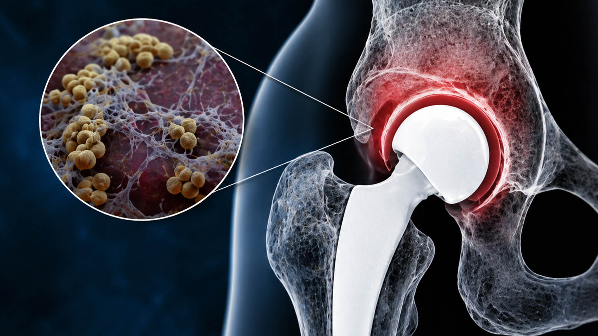 Illustration of an infection around a hip joint implant. 